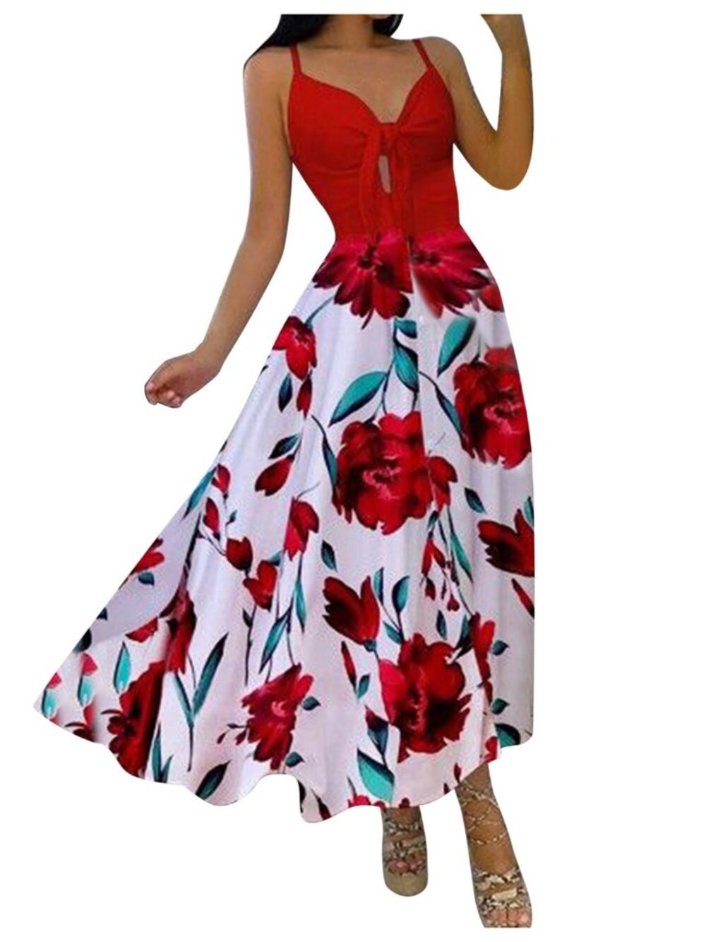 Women's Red Floral V-Neck Lace-Up Waist Maxi Dress – Sleeveless Sling Summer